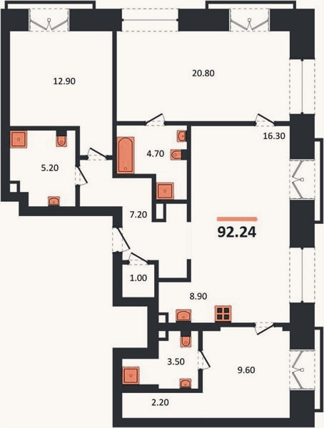 Планировка: 3-к, 92,2 м²