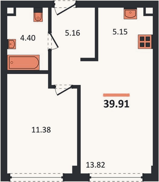 Планировка: 1-к, 39,9 м²