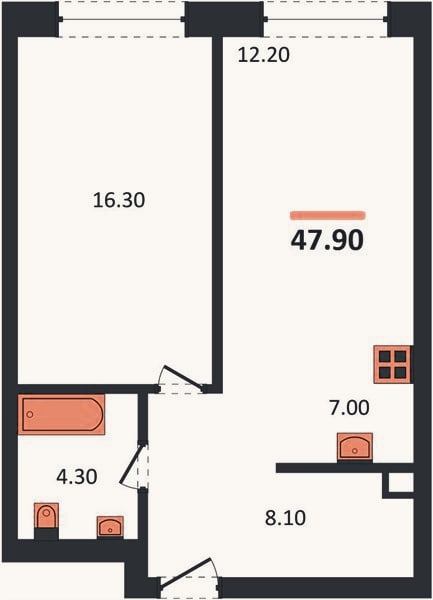 Планировка: 1-к, 47,9 м²