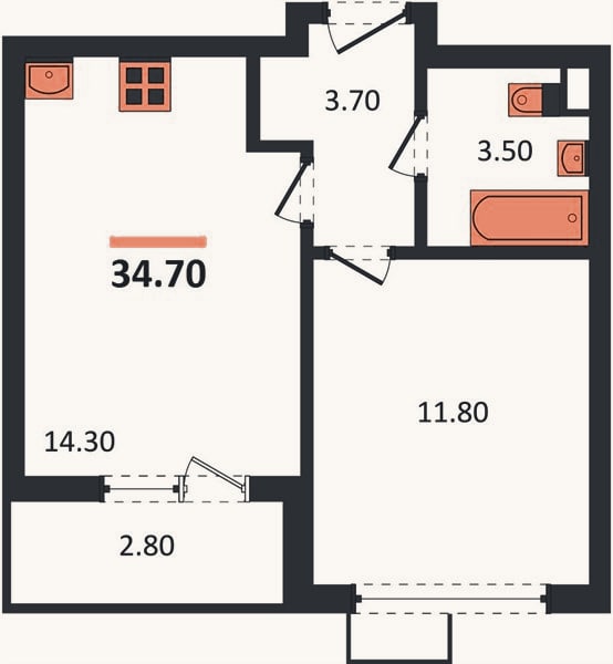Планировка: 1-к, 34,7 м²