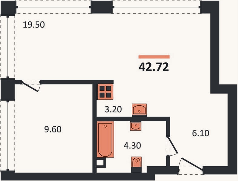 Планировка: 1-к, 42,7 м²