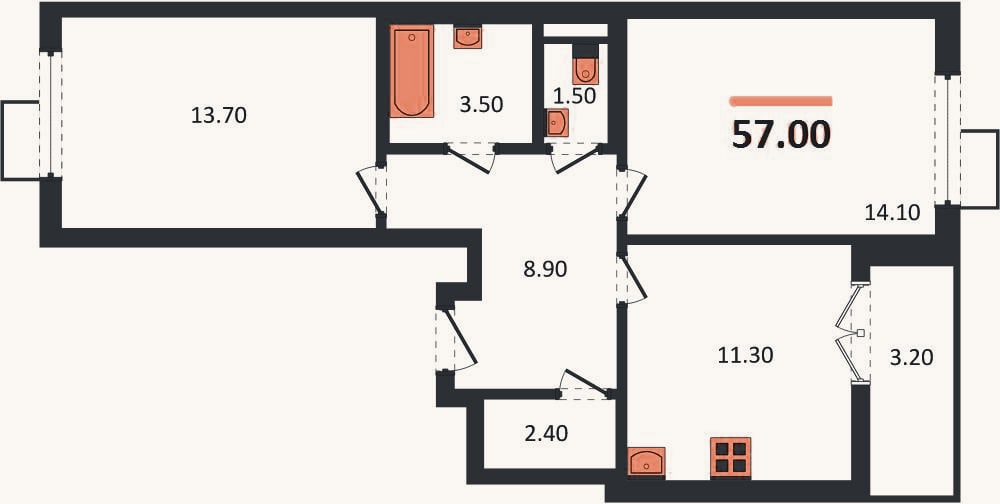 Планировка: 2-к, 57 м²