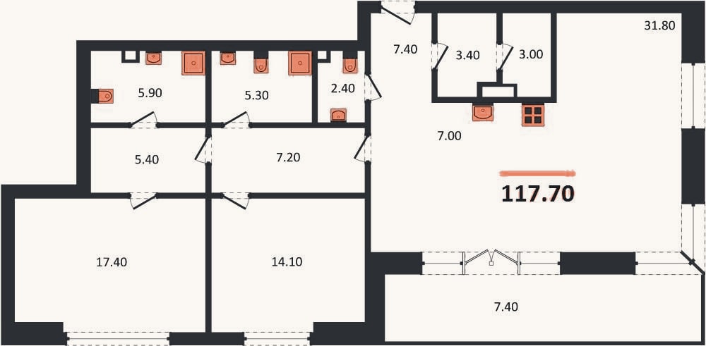 Планировка: 2-к, 117,7 м²