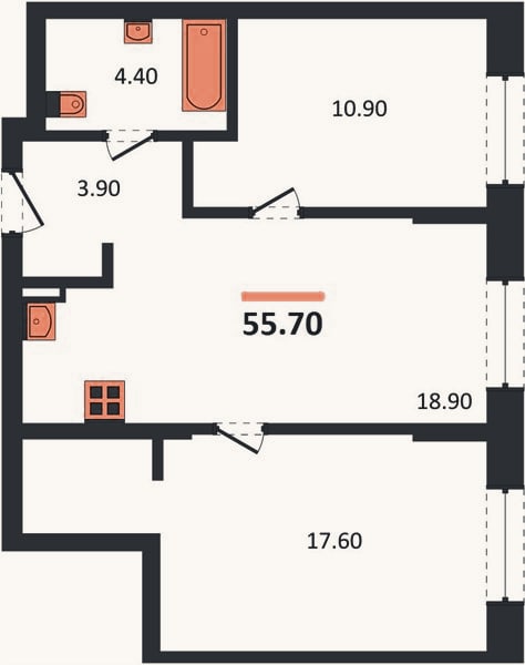 Планировка: 2-к, 55,7 м²