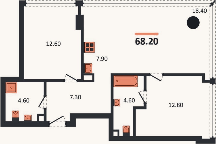 Планировка: 2-к, 68,2 м²