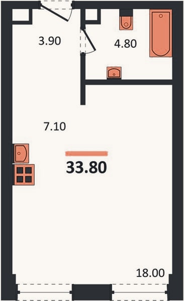 Планировка: Студия, 33,8 м²