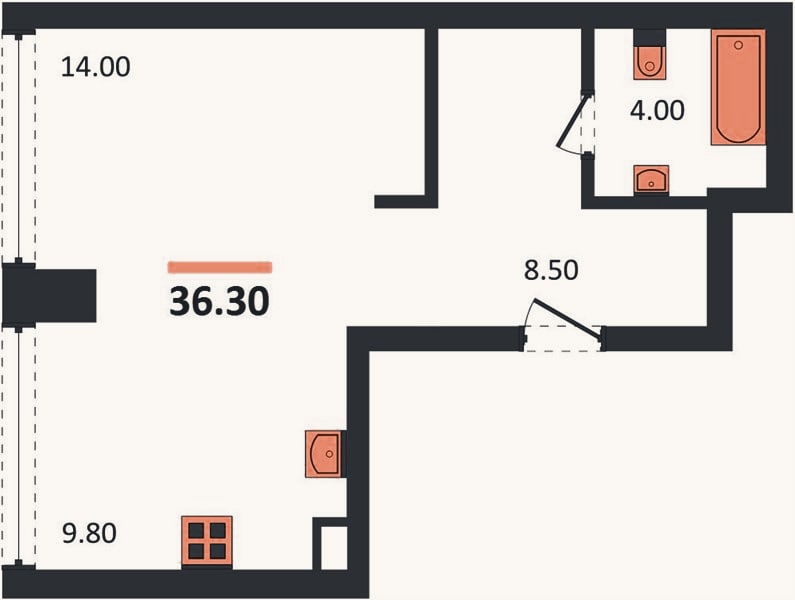 Планировка: Студия, 36,3 м²