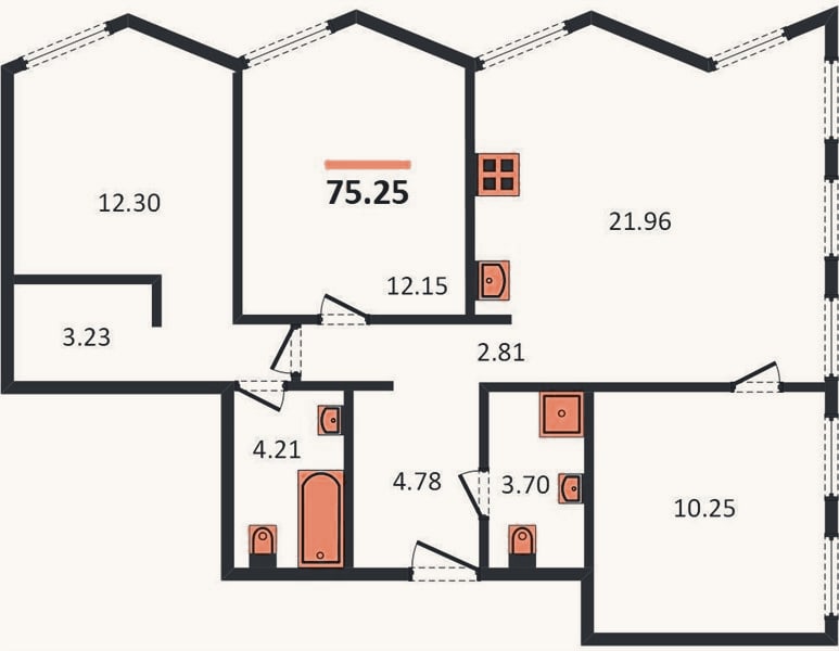 Планировка: 3-к, 75,2 м²