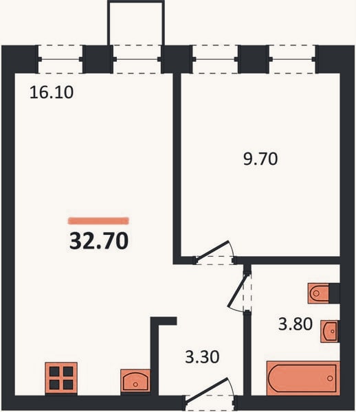 Планировка: 1-к, 32,7 м²