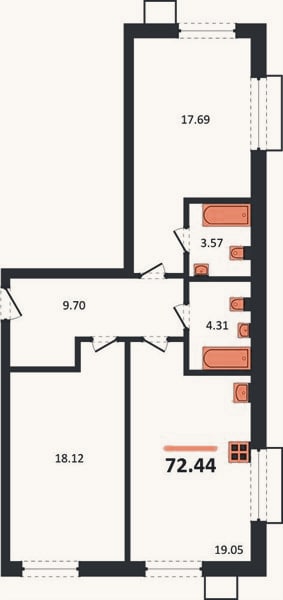 Планировка: 2-к, 72,4 м²
