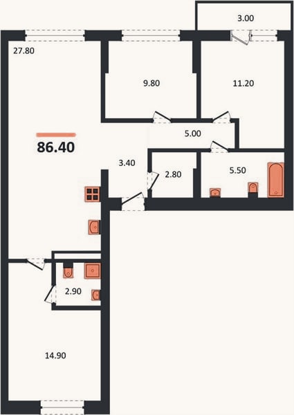 Планировка: 3-к, 86,4 м²