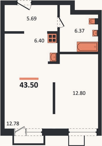 Планировка: 1-к, 43,5 м²