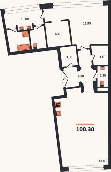 Планировка: 1-к, 100,3 м²
