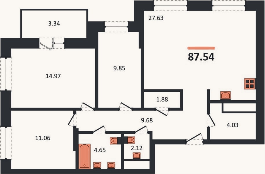 Планировка: 3-к, 87,5 м²