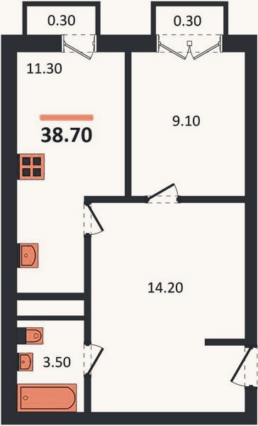 Планировка: 1-к, 38,7 м²