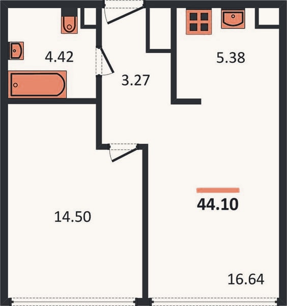 Планировка: 1-к, 44,1 м²