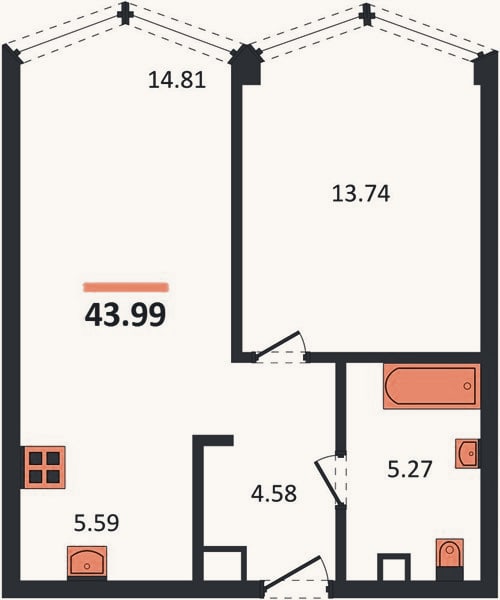 Планировка: 1-к, 44 м²