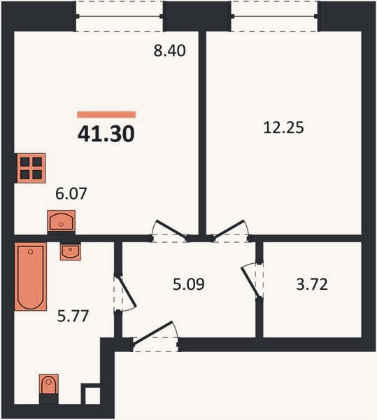 Планировка: 1-к, 41,3 м²