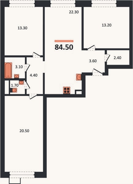 Планировка: 3-к, 84,5 м²