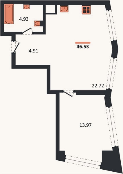 Планировка: 1-к, 46,5 м²