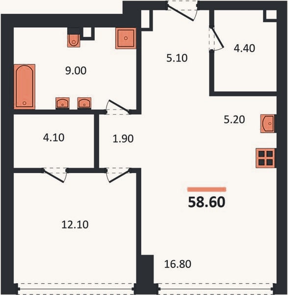 Планировка: 1-к, 58,6 м²