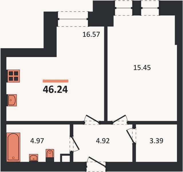 Планировка: 1-к, 46,2 м²