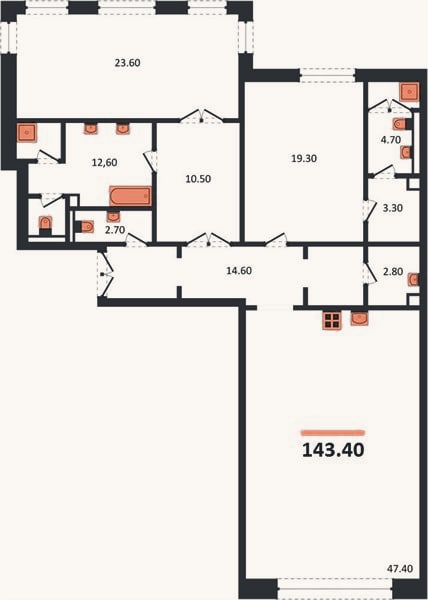 Планировка: 2-к, 143,4 м²
