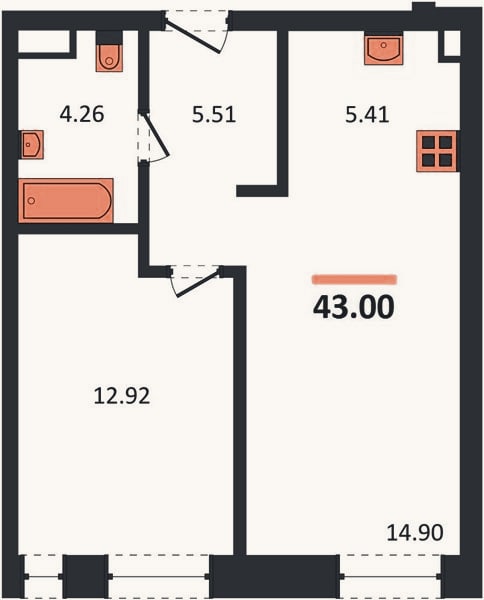 Планировка: 1-к, 43 м²