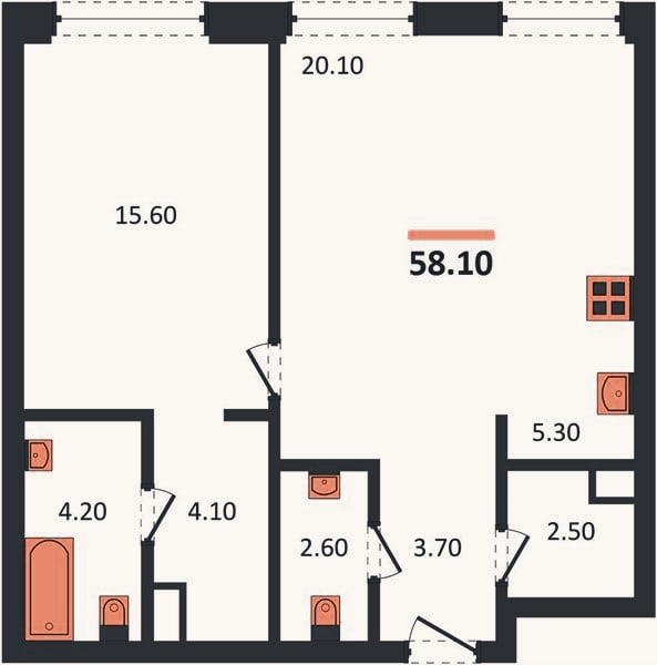 Планировка: 1-к, 58,1 м²