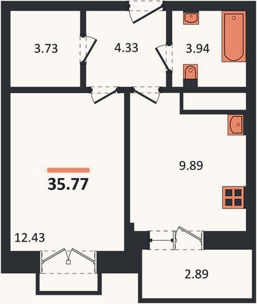 Планировка: 1-к, 35,8 м²