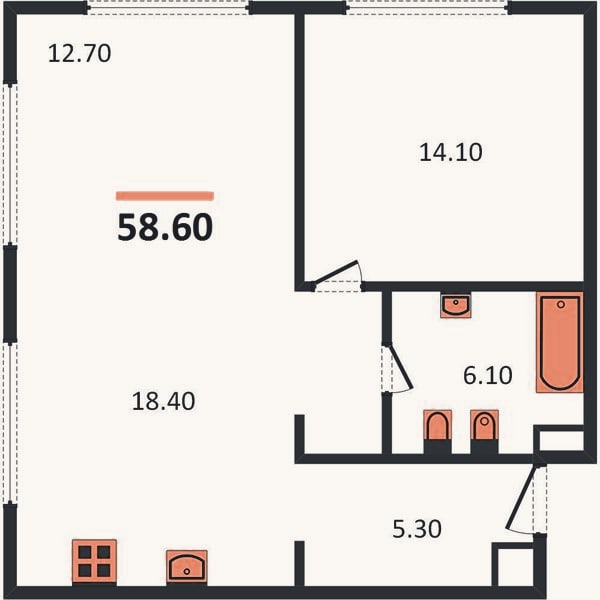 Планировка: 1-к, 58,5 м²