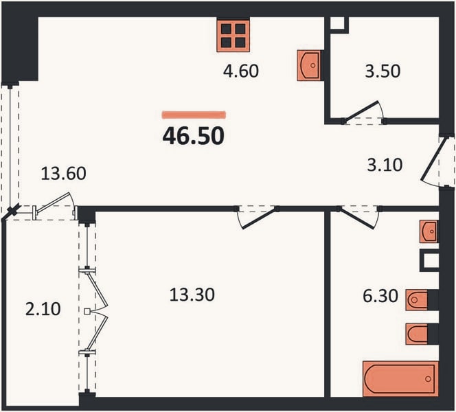Планировка: 1-к, 46,5 м²
