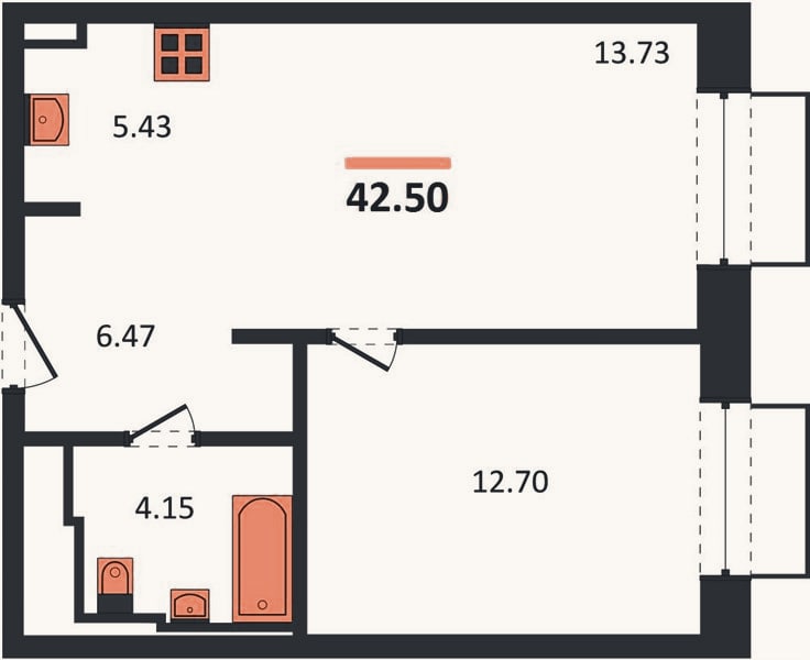 Планировка: 1-к, 42,5 м²