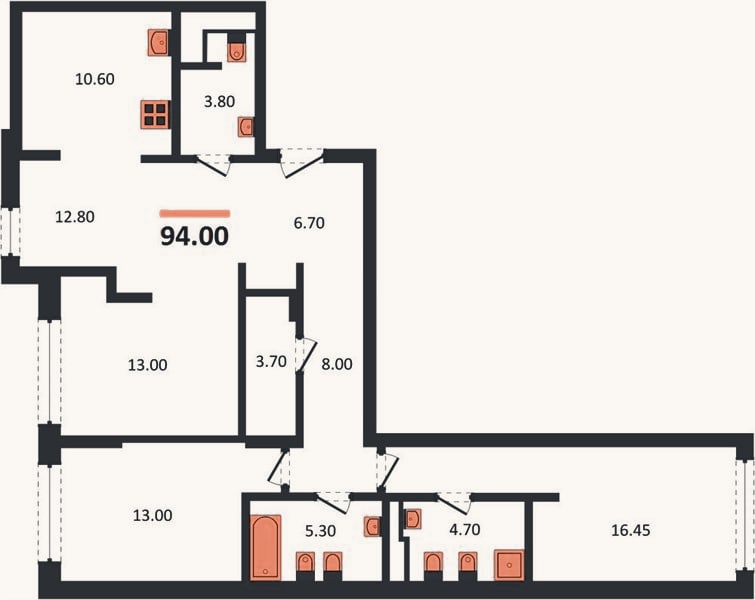 Планировка: 3-к, 94,8 м²