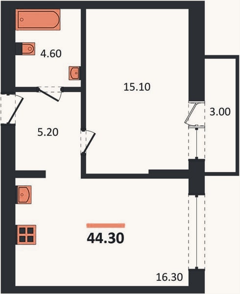 Планировка: 1-к, 44,3 м²