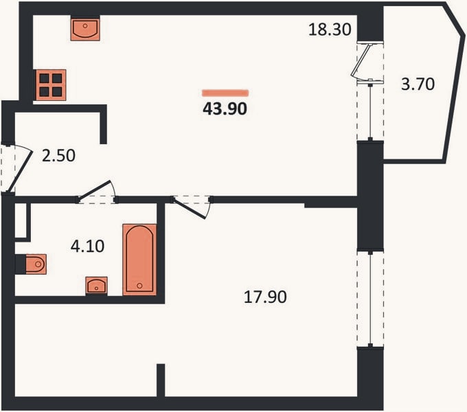 Планировка: 1-к, 43,9 м²