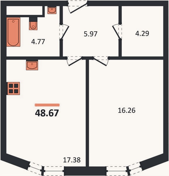 Планировка: 1-к, 48,7 м²