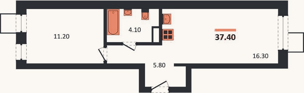 Планировка: 1-к, 37,4 м²