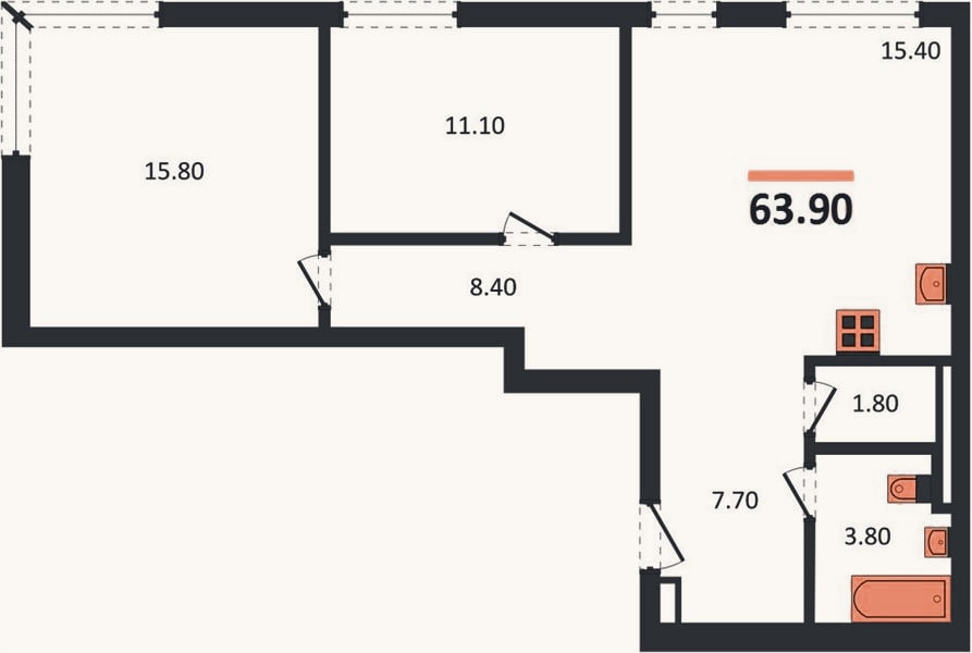 Планировка: 2-к, 63,9 м²