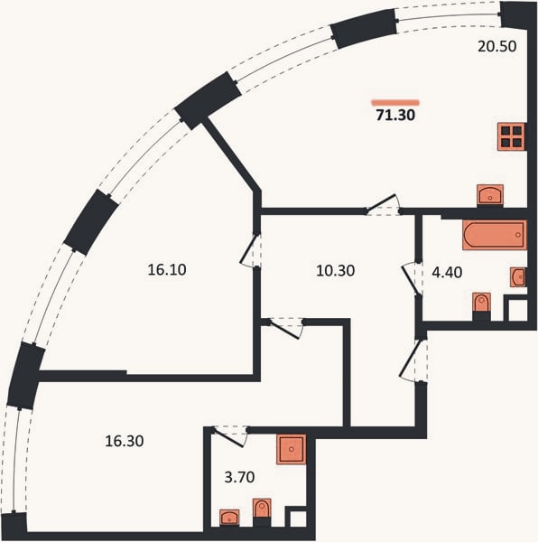 Планировка: 2-к, 71,3 м²