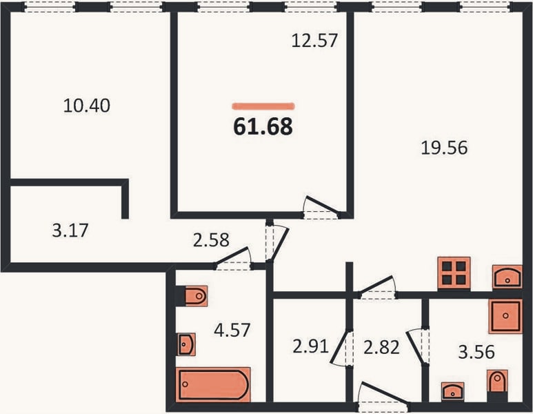 Планировка: 2-к, 61,7 м²