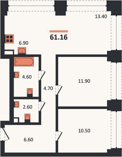 Планировка: 2-к, 61,2 м²
