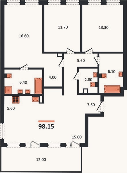 Планировка: 3-к, 98,2 м²