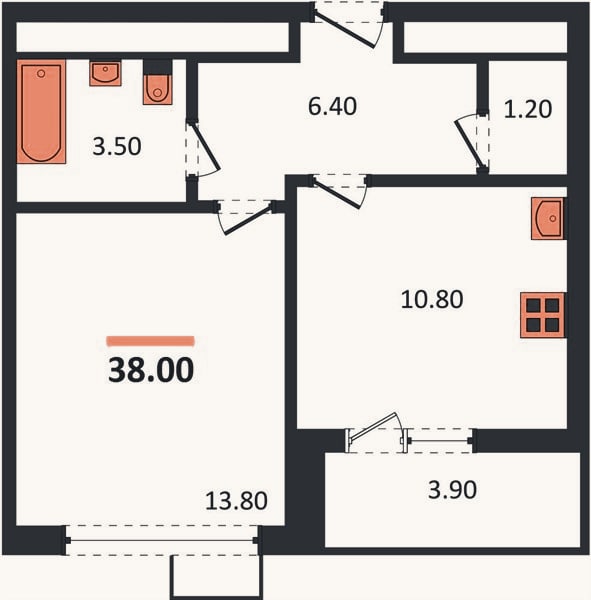Планировка: 1-к, 38 м²