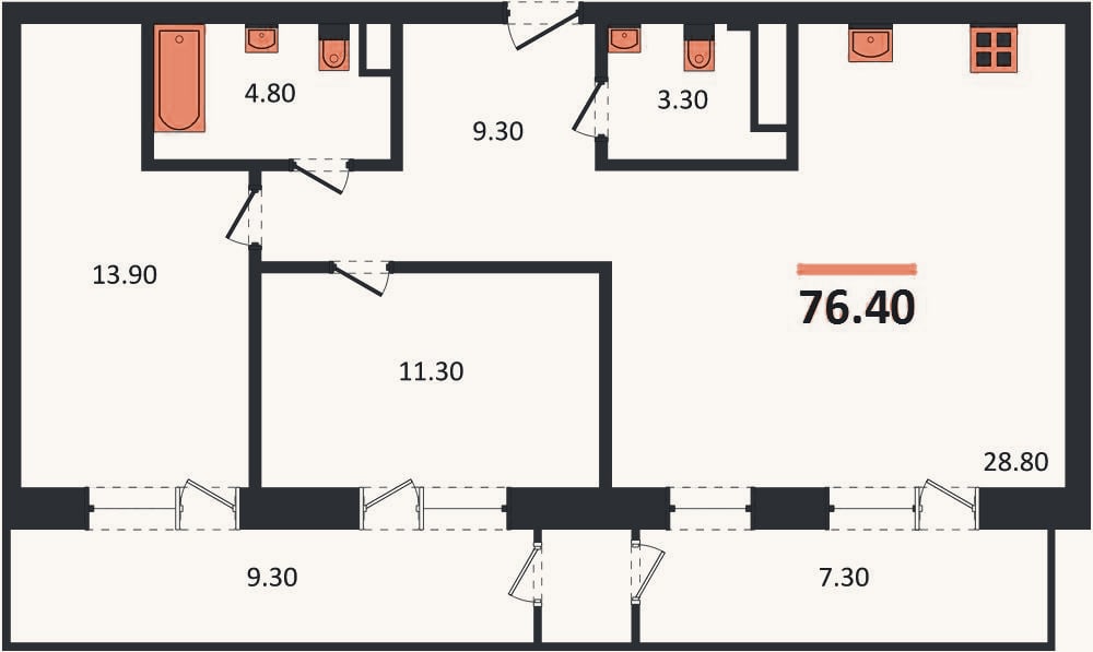 Планировка: 2-к, 71,2 м²