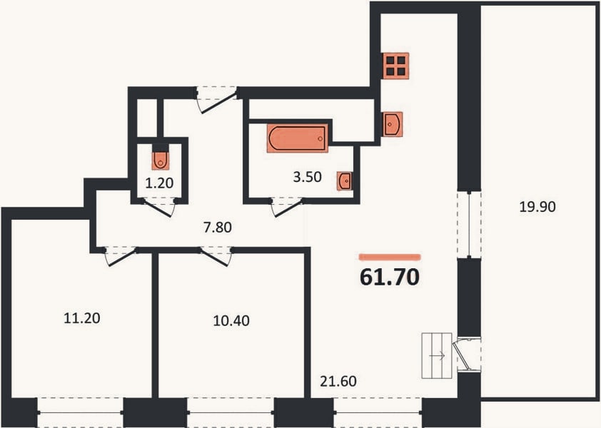 Планировка: 2-к, 61,7 м²