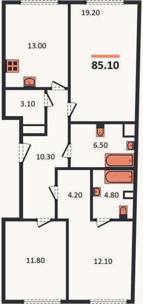 Планировка: 3-к, 84,8 м²