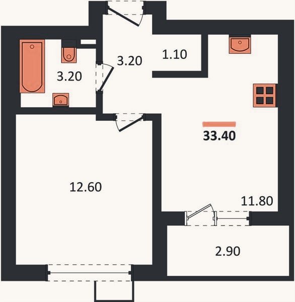 Планировка: 1-к, 33,4 м²