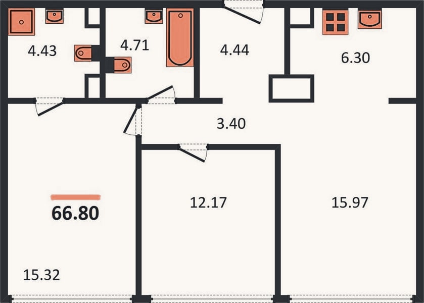 Планировка: 2-к, 66,8 м²