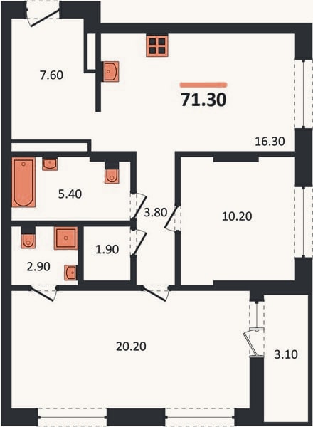 Планировка: 2-к, 71,3 м²